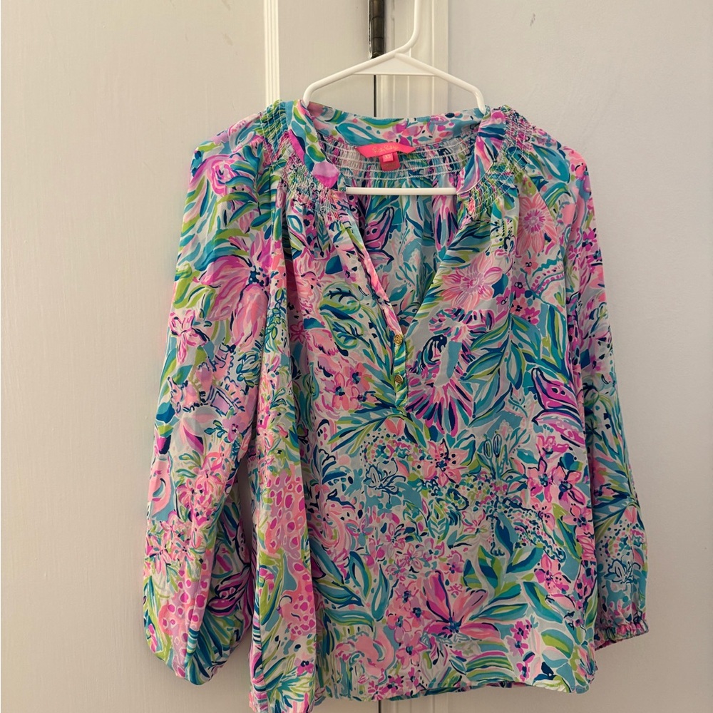Lilly Pulitzer Pink & Turquoise Floral Peasant Blouse